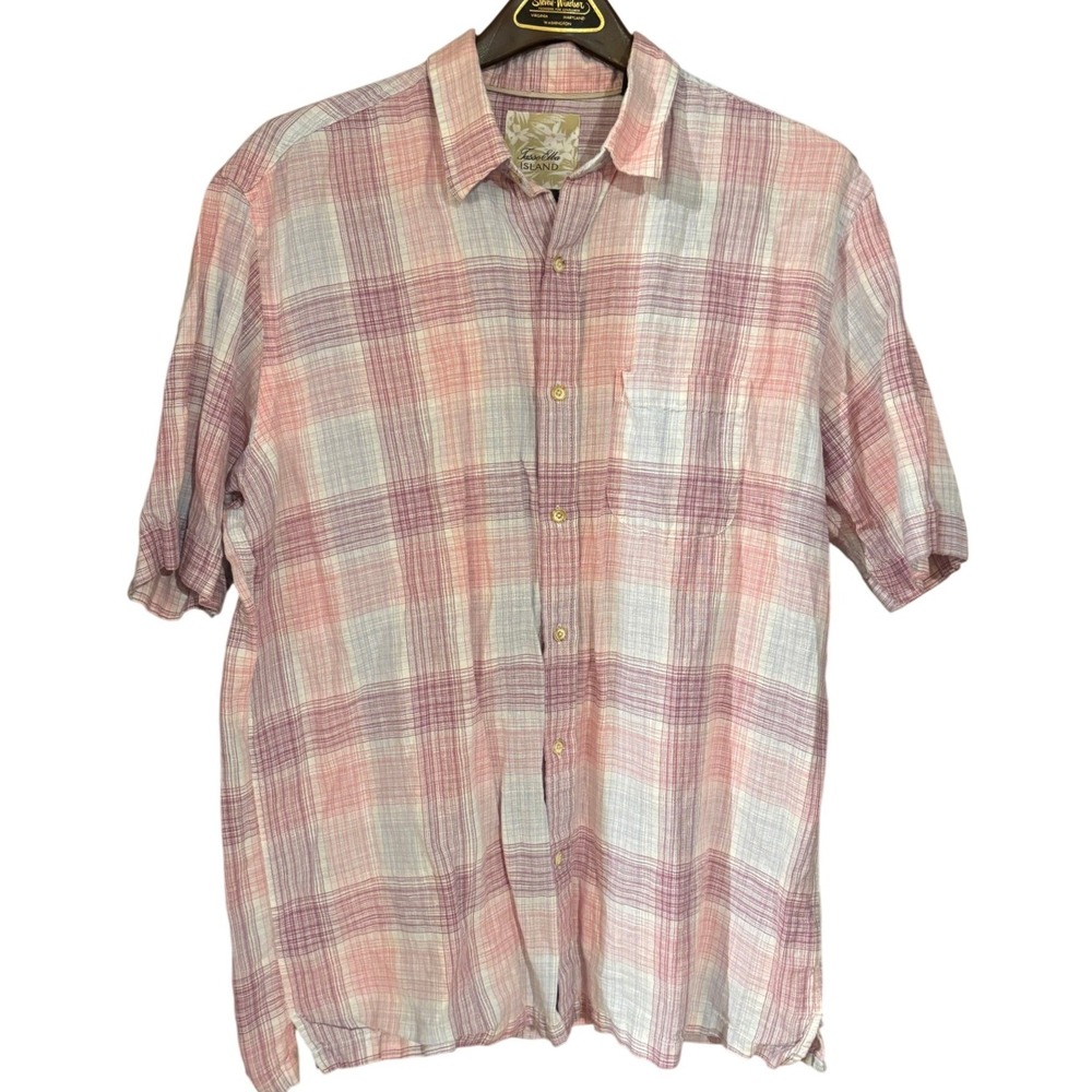 Tasso Elba Island Mens sz L Linen Cotton Plaid Short Sleeve Button Up Shirt Pink